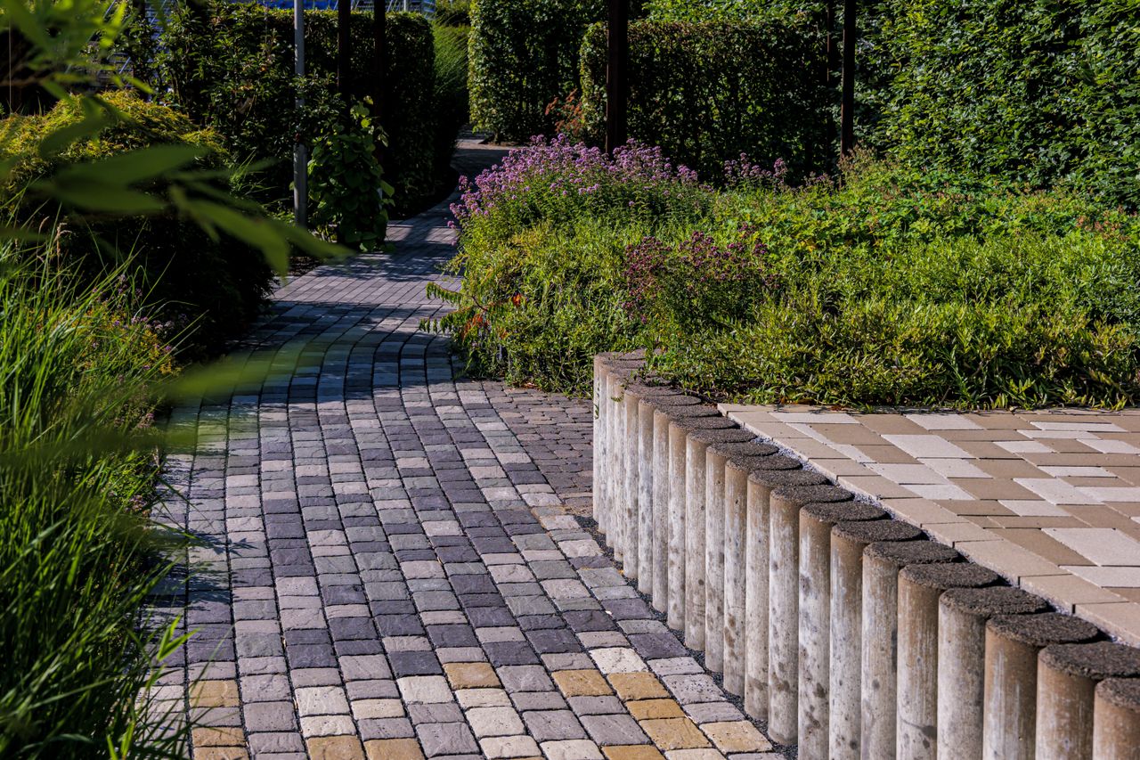 A picturesque stone pathway winding through lush greenery in Coesfeld, captured on a sunny summer day.