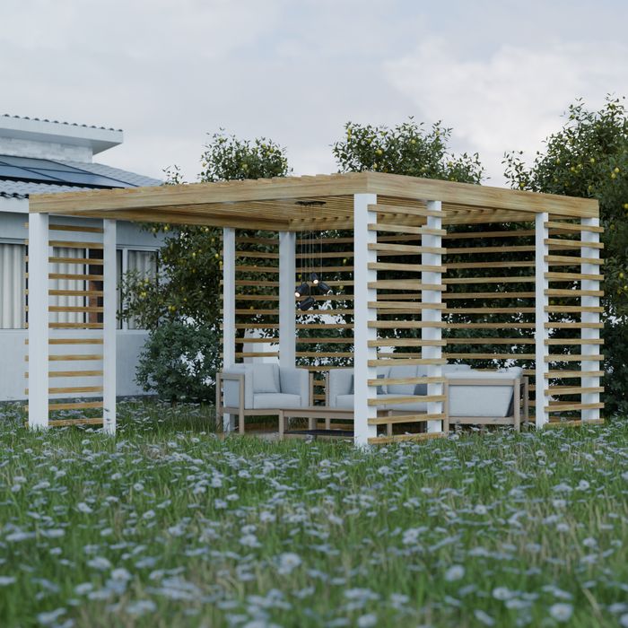 Elegant wooden pergola with seating in a vibrant green garden, ideal for outdoor relaxation.